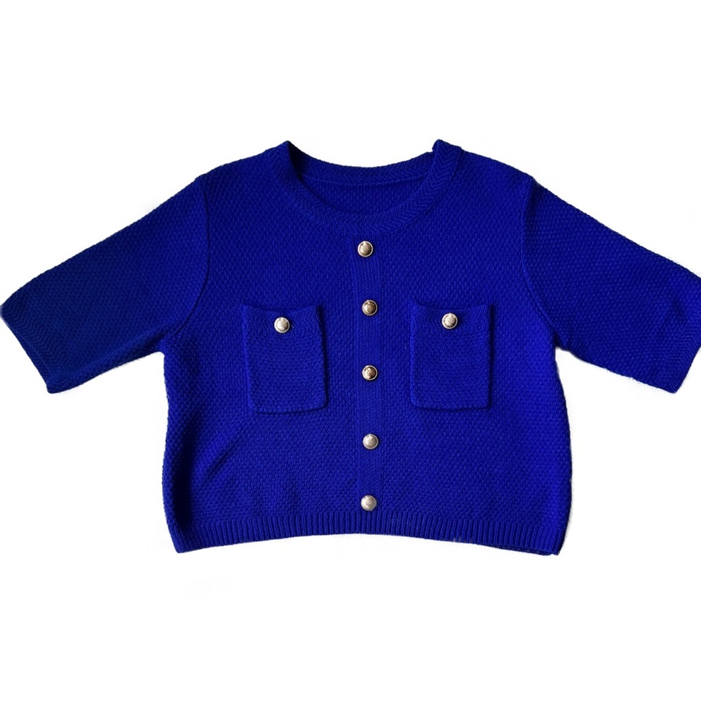 Bright Royal Blue Boxy Crop Short-Sleeved Sweater with Gold-Tone Buttons, Sz -L
